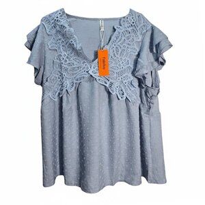 NWT | Falechay Dusty Blue Swiss Dot Top | Front Lace Ruffle | 2XL